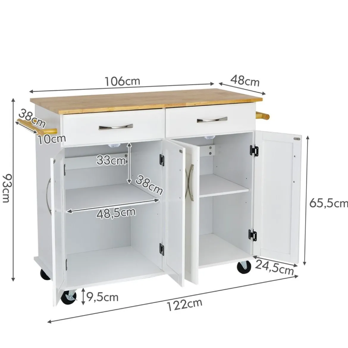 Rollender Kücheninselwagen mit Arbeitsplatte aus Gummiholz 4-türiger Servierwagen 122 x 48 x 92,5 cm