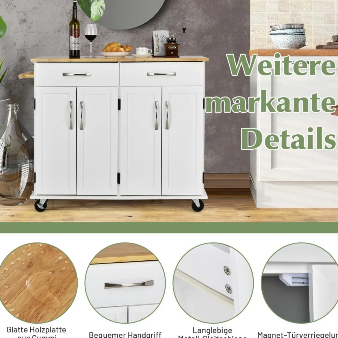Rollender Kücheninselwagen mit Arbeitsplatte aus Gummiholz 4-türiger Servierwagen 122 x 48 x 92,5 cm