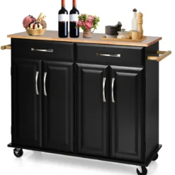 Rollender Kücheninselwagen mit Arbeitsplatte aus Gummiholz 4-türiger Servierwagen 122 x 48 x 92,5 cm