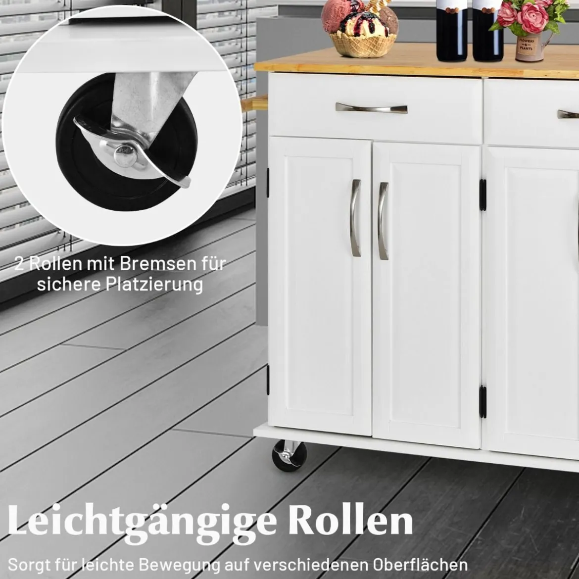 Rollender Kücheninselwagen mit Arbeitsplatte aus Gummiholz 4-türiger Servierwagen 122 x 48 x 92,5 cm