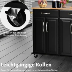 Rollender Kücheninselwagen mit Arbeitsplatte aus Gummiholz 4-türiger Servierwagen 122 x 48 x 92,5 cm