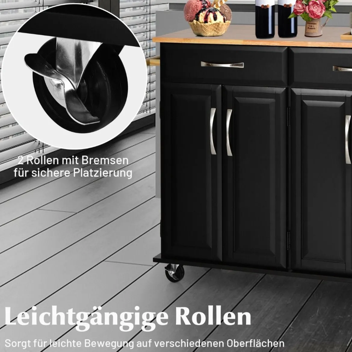 Rollender Kücheninselwagen mit Arbeitsplatte aus Gummiholz 4-türiger Servierwagen 122 x 48 x 92,5 cm