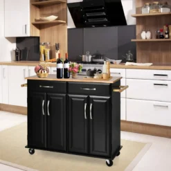 Rollender Kücheninselwagen mit Arbeitsplatte aus Gummiholz 4-türiger Servierwagen 122 x 48 x 92,5 cm