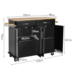 Rollender Kücheninselwagen mit Arbeitsplatte aus Gummiholz 4-türiger Servierwagen 122 x 48 x 92,5 cm