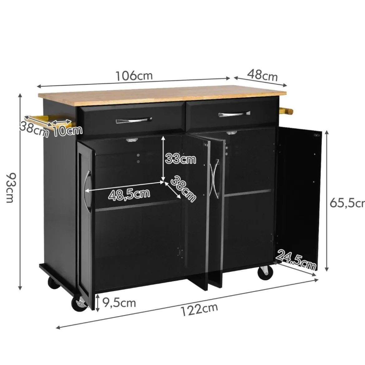 Rollender Kücheninselwagen mit Arbeitsplatte aus Gummiholz 4-türiger Servierwagen 122 x 48 x 92,5 cm