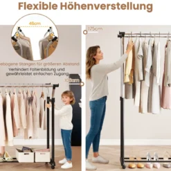 Rollender Kleiderständer Doppelstangen-Garderobenständer mit verstellbarer Höhe robuster Metallständer Schwarz