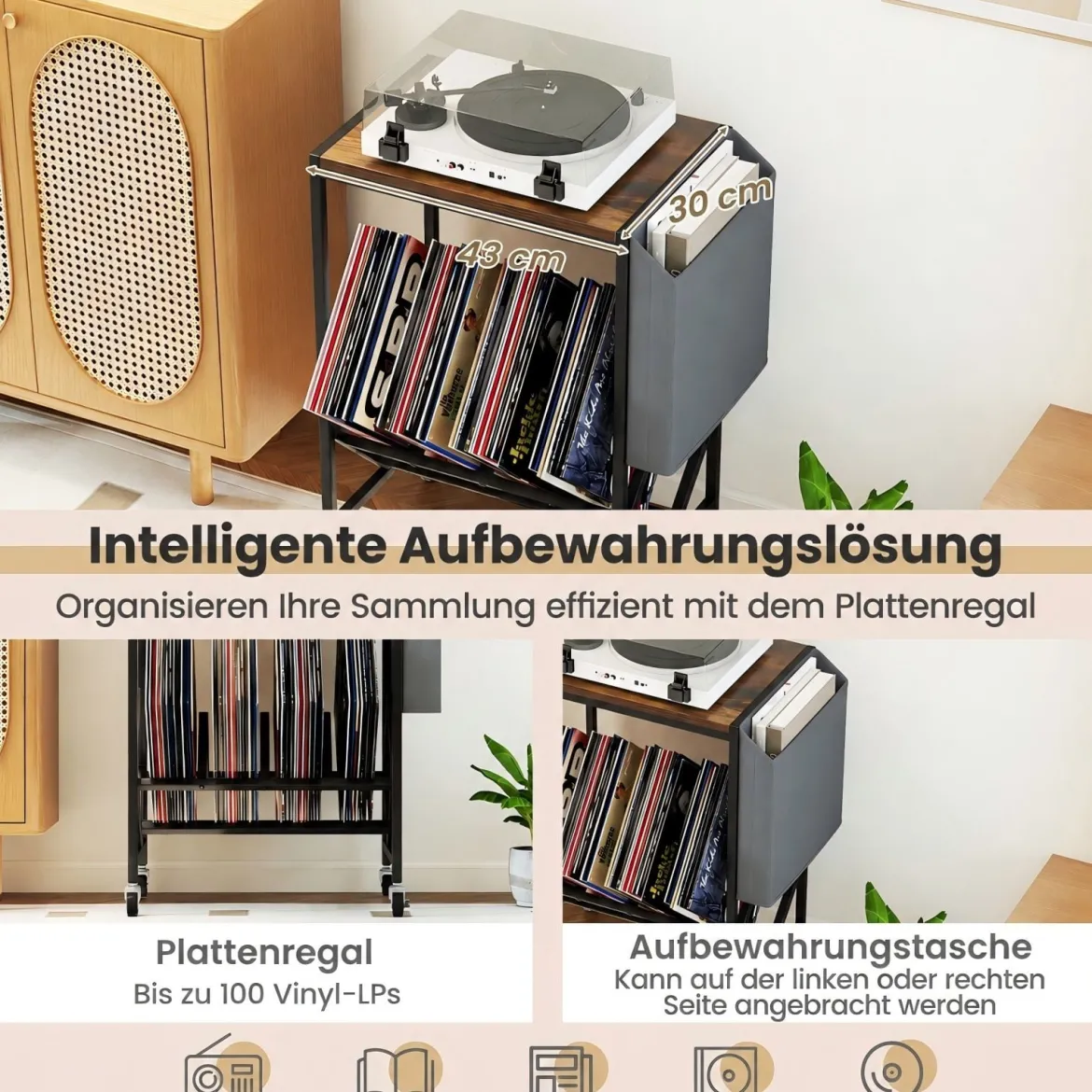 Rollender Plattenspieler-Ständer Vinyl-Schallplattentisch mit Vinylaufbewahrung & Zeitschriftenhalter Rustikales Braun
