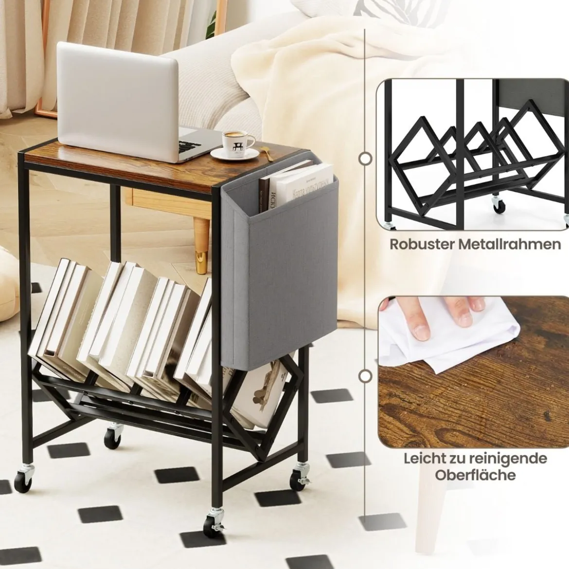 Rollender Plattenspieler-Ständer Vinyl-Schallplattentisch mit Vinylaufbewahrung & Zeitschriftenhalter Rustikales Braun