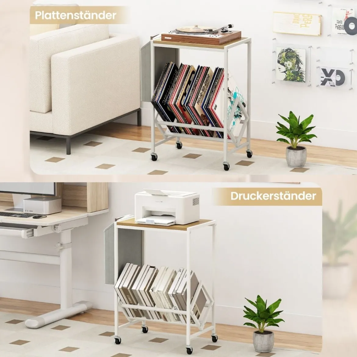 Rollender Plattenspieler-Ständer Vinyl-Schallplattentisch mit Vinylaufbewahrung & Zeitschriftenhalter Natur