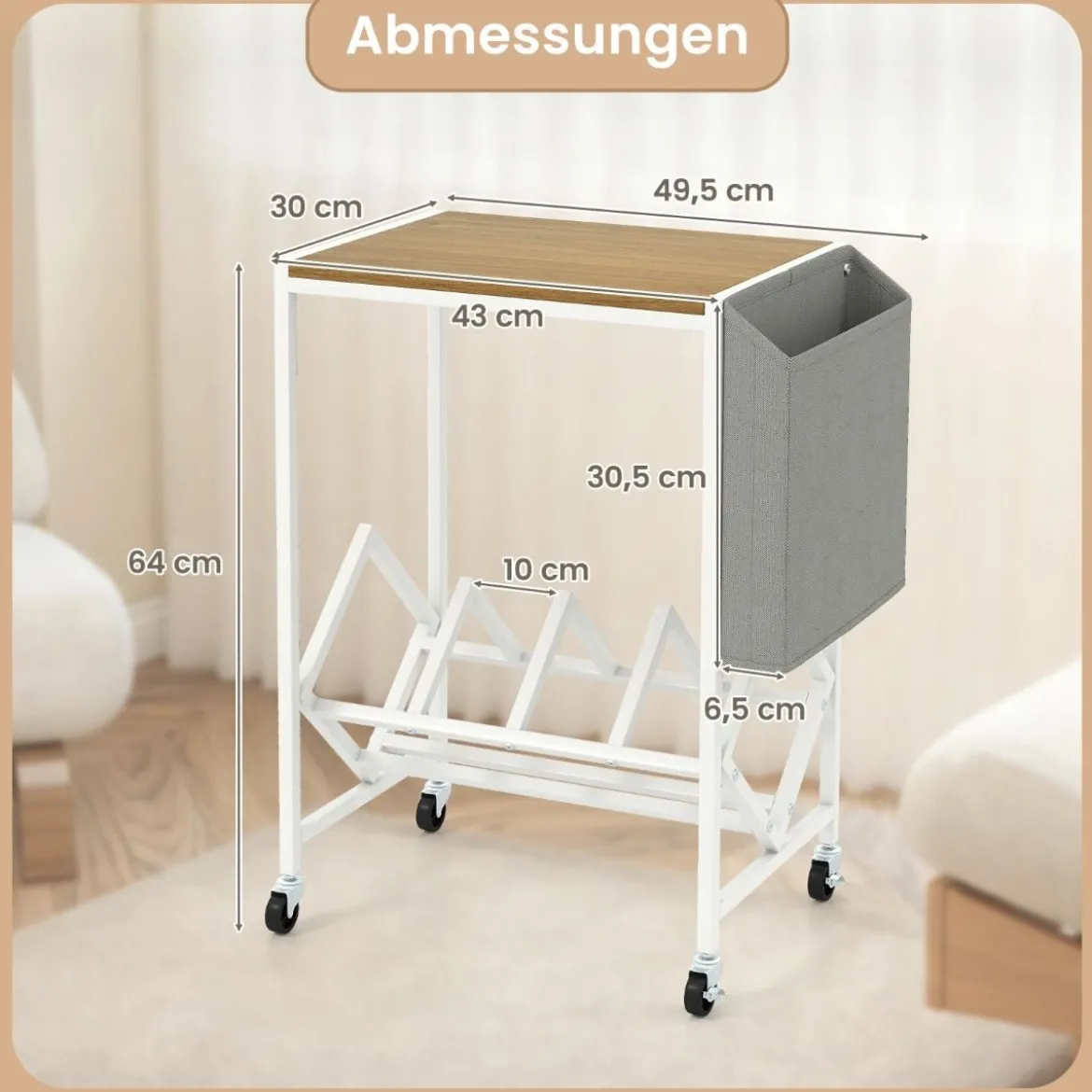 Rollender Plattenspieler-Ständer Vinyl-Schallplattentisch mit Vinylaufbewahrung & Zeitschriftenhalter Natur