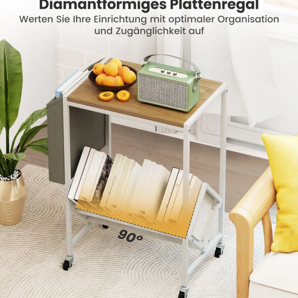 Rollender Plattenspieler-Ständer Vinyl-Schallplattentisch mit Vinylaufbewahrung & Zeitschriftenhalter Natur