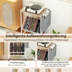 Rollender Plattenspieler-Ständer Vinyl-Schallplattentisch mit Vinylaufbewahrung & Zeitschriftenhalter Natur