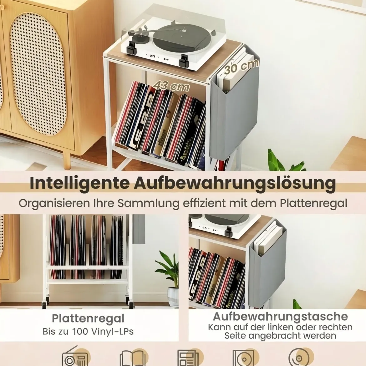 Rollender Plattenspieler-Ständer Vinyl-Schallplattentisch mit Vinylaufbewahrung & Zeitschriftenhalter Natur