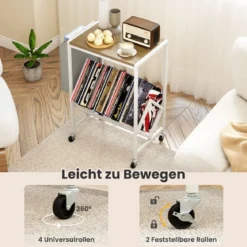 Rollender Plattenspieler-Ständer Vinyl-Schallplattentisch mit Vinylaufbewahrung & Zeitschriftenhalter Natur