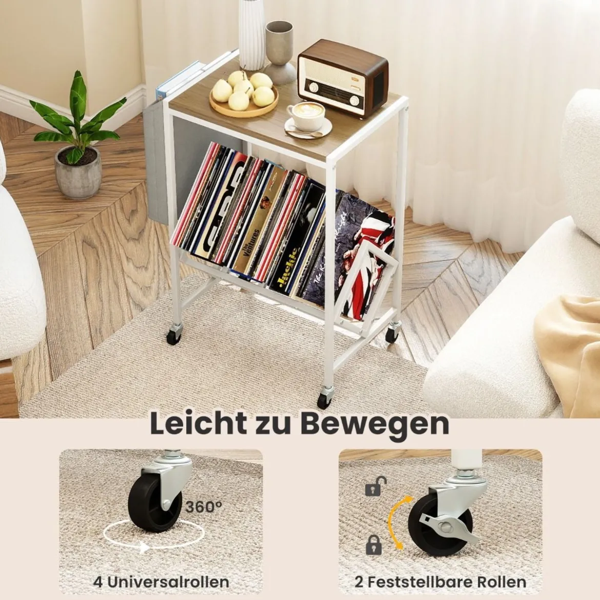 Rollender Plattenspieler-Ständer Vinyl-Schallplattentisch mit Vinylaufbewahrung & Zeitschriftenhalter Natur