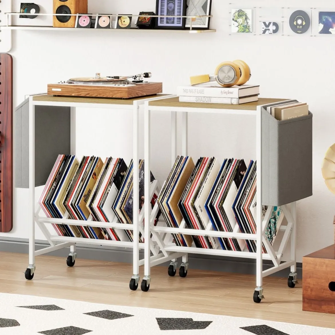 Rollender Plattenspieler-Ständer Vinyl-Schallplattentisch mit Vinylaufbewahrung & Zeitschriftenhalter Natur