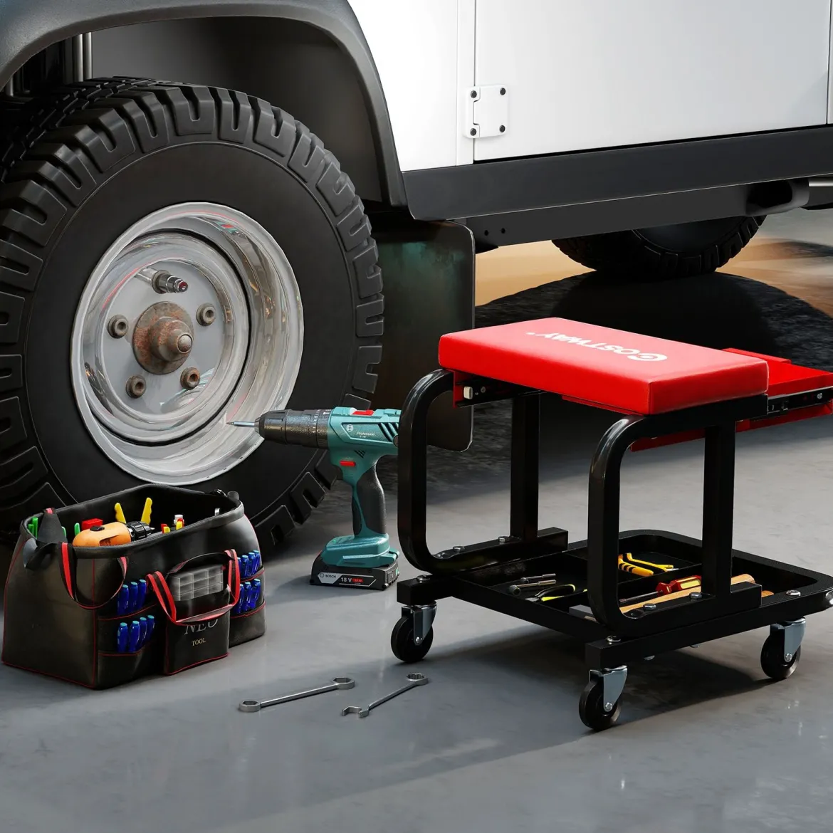 Rollender Werkstatthocker mit 185 kg Tragfähigkeit gepolsterter Mechanikersitz mit Schublade Rot