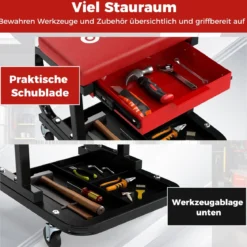 Rollender Werkstatthocker mit 185 kg Tragfähigkeit gepolsterter Mechanikersitz mit Schublade Rot