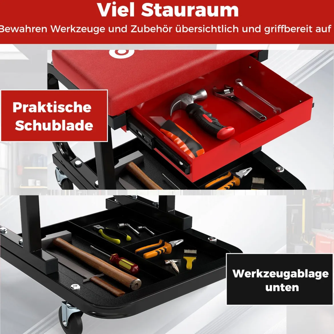 Rollender Werkstatthocker mit 185 kg Tragfähigkeit gepolsterter Mechanikersitz mit Schublade Rot