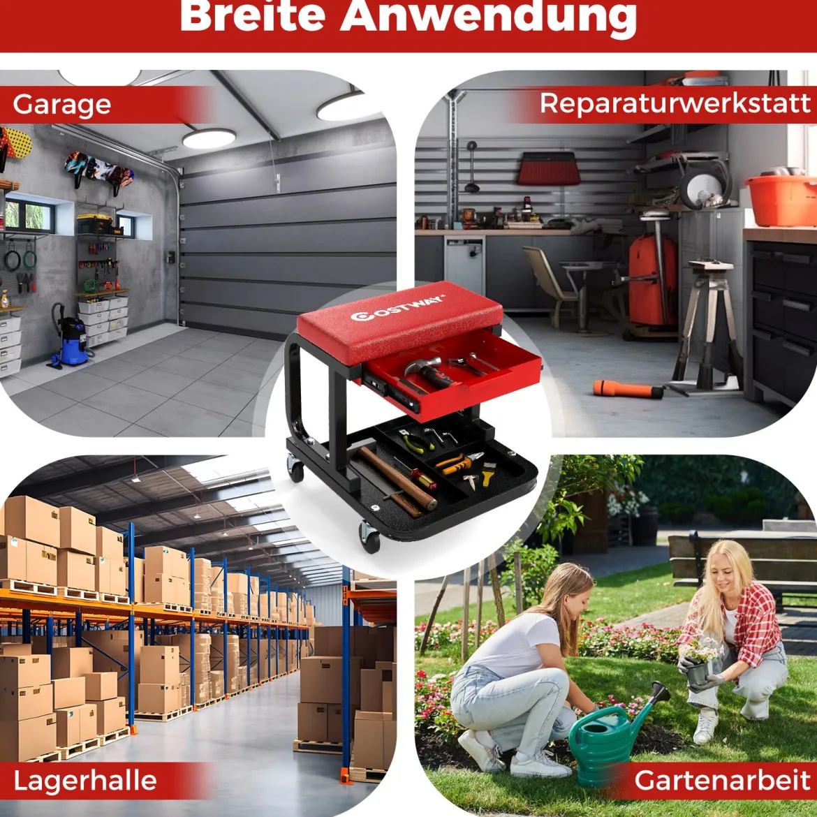 Rollender Werkstatthocker mit 185 kg Tragfähigkeit gepolsterter Mechanikersitz mit Schublade Rot