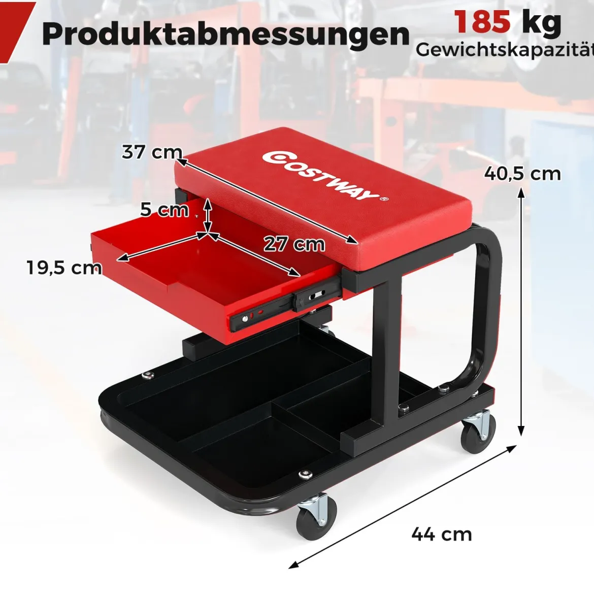 Rollender Werkstatthocker mit 185 kg Tragfähigkeit gepolsterter Mechanikersitz mit Schublade Rot