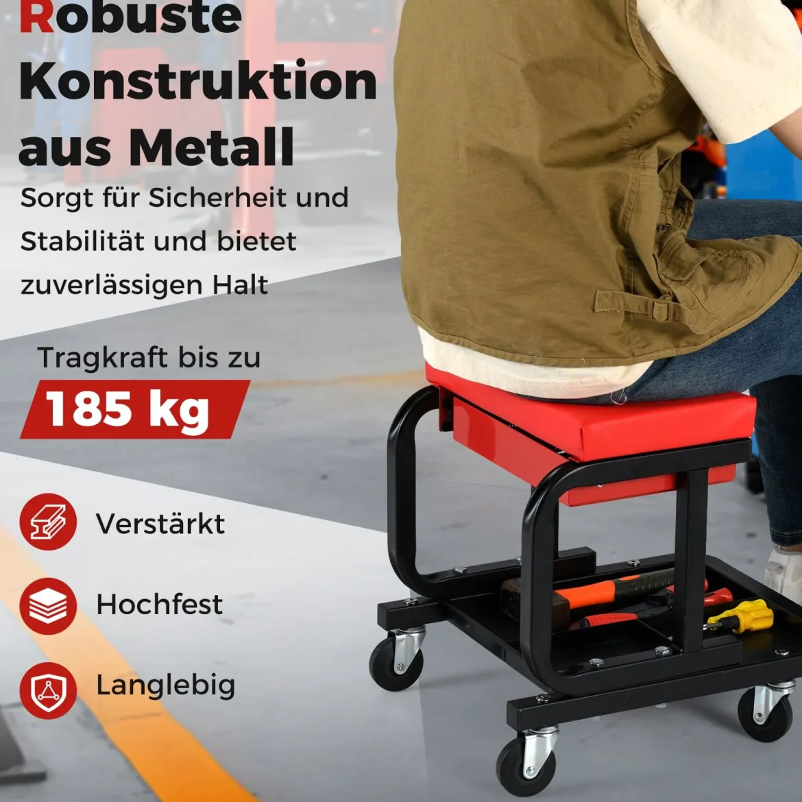 Rollender Werkstatthocker mit 185 kg Tragfähigkeit gepolsterter Mechanikersitz mit Schublade Rot