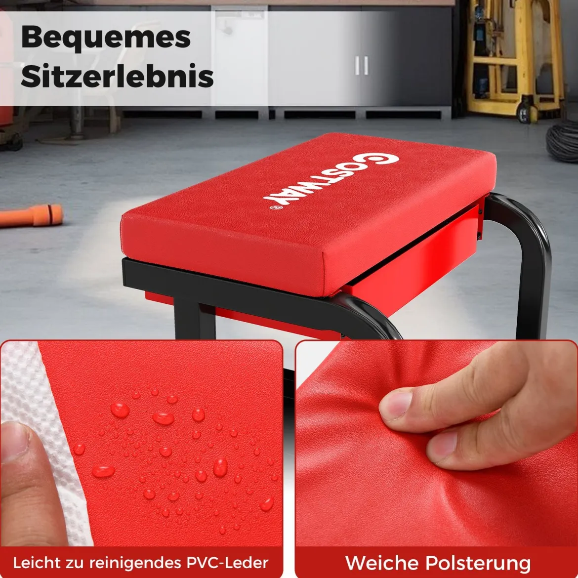 Rollender Werkstatthocker mit 185 kg Tragfähigkeit gepolsterter Mechanikersitz mit Schublade Rot
