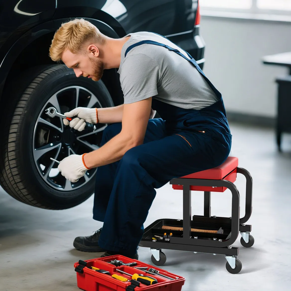 Rollender Werkstatthocker mit 185 kg Tragfähigkeit gepolsterter Mechanikersitz mit Schublade Rot