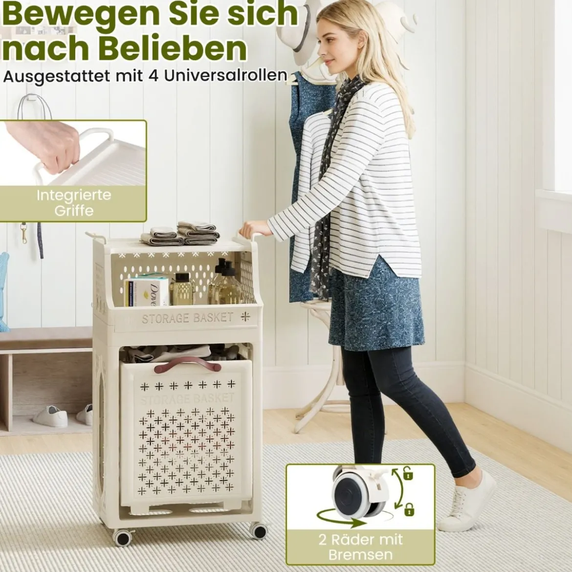 Rollender Wäschekorb mehrlagiger faltbarer Kunststoff-Wäschesammler mit oberem Regal Beige