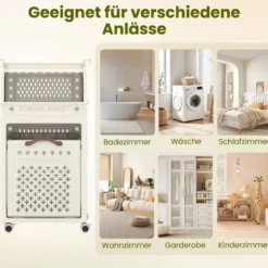 Rollender Wäschekorb mehrlagiger faltbarer Kunststoff-Wäschesammler mit oberem Regal Beige