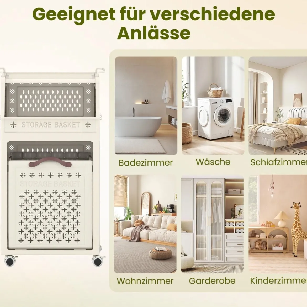 Rollender Wäschekorb mehrlagiger faltbarer Kunststoff-Wäschesammler mit oberem Regal Beige