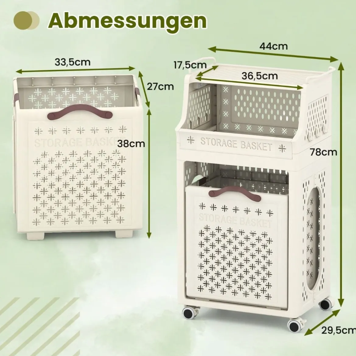 Rollender Wäschekorb mehrlagiger faltbarer Kunststoff-Wäschesammler mit oberem Regal Beige