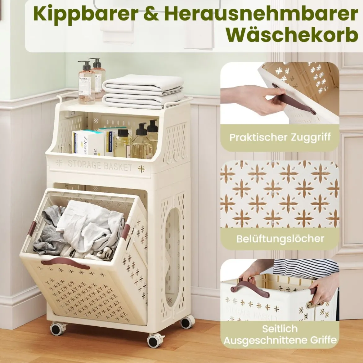 Rollender Wäschekorb mehrlagiger faltbarer Kunststoff-Wäschesammler mit oberem Regal Beige