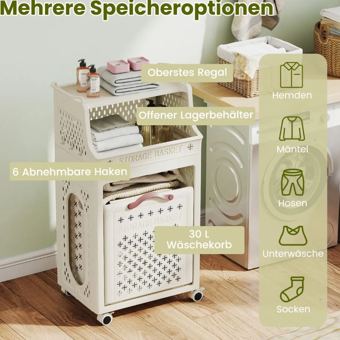 Rollender Wäschekorb mehrlagiger faltbarer Kunststoff-Wäschesammler mit oberem Regal Beige