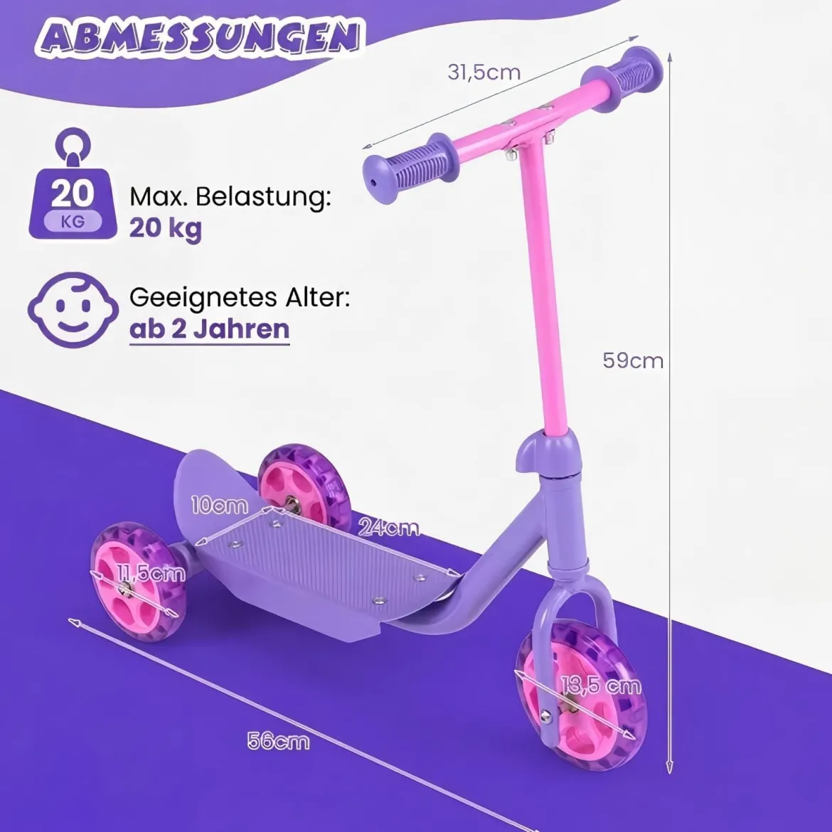 Roller Kinder Dreirad Kinderroller mit Leuchtenden LED-Rädern für Kinder ab 2 Jahren Lila