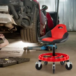 Rollhocker für die Werkstatt Mechanikerhocker auf Rollen mit 71-83 cm Höhenverstellung & Werkzeugablage Rot