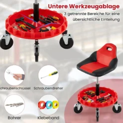 Rollhocker für die Werkstatt Mechanikerhocker auf Rollen mit 71-83 cm Höhenverstellung & Werkzeugablage Rot