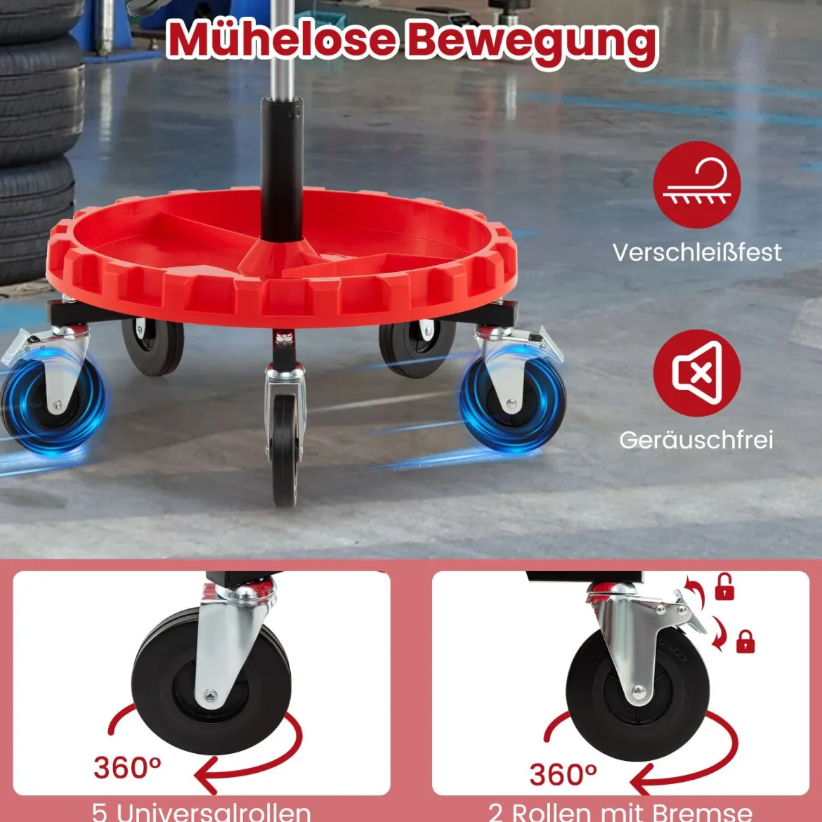 Rollhocker für die Werkstatt Mechanikerhocker auf Rollen mit 71-83 cm Höhenverstellung & Werkzeugablage Rot