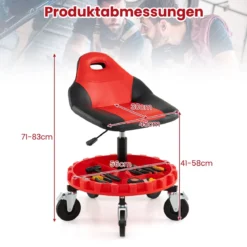 Rollhocker für die Werkstatt Mechanikerhocker auf Rollen mit 71-83 cm Höhenverstellung & Werkzeugablage Rot