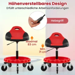Rollhocker für die Werkstatt Mechanikerhocker auf Rollen mit 71-83 cm Höhenverstellung & Werkzeugablage Rot