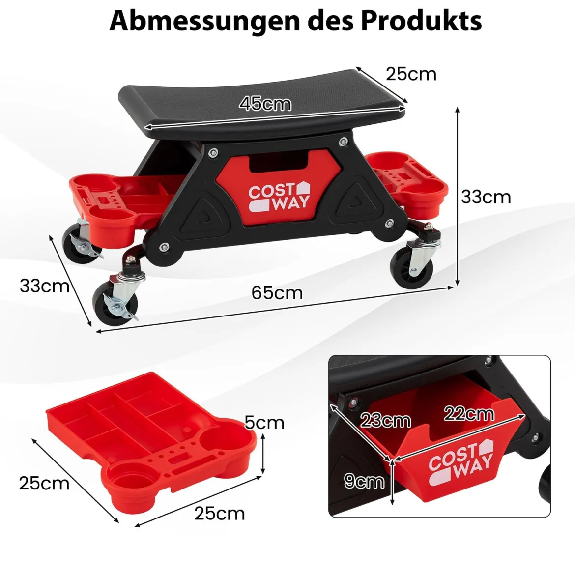 Rollhocker für Mechaniker Schwerlast-Werkstatthocker auf Rollen mit ausziehbarer Schublade & 2 Fachteilen 135 kg Kapazität Schwarz