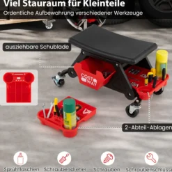 Rollhocker für Mechaniker Schwerlast-Werkstatthocker auf Rollen mit ausziehbarer Schublade & 2 Fachteilen 135 kg Kapazität Schwarz