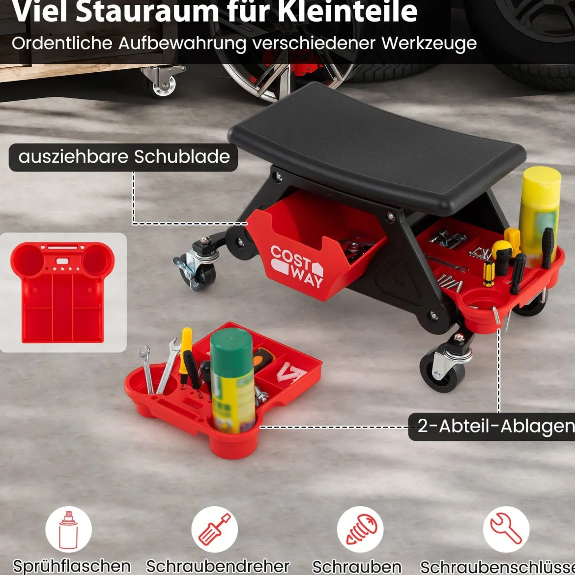 Rollhocker für Mechaniker Schwerlast-Werkstatthocker auf Rollen mit ausziehbarer Schublade & 2 Fachteilen 135 kg Kapazität Schwarz