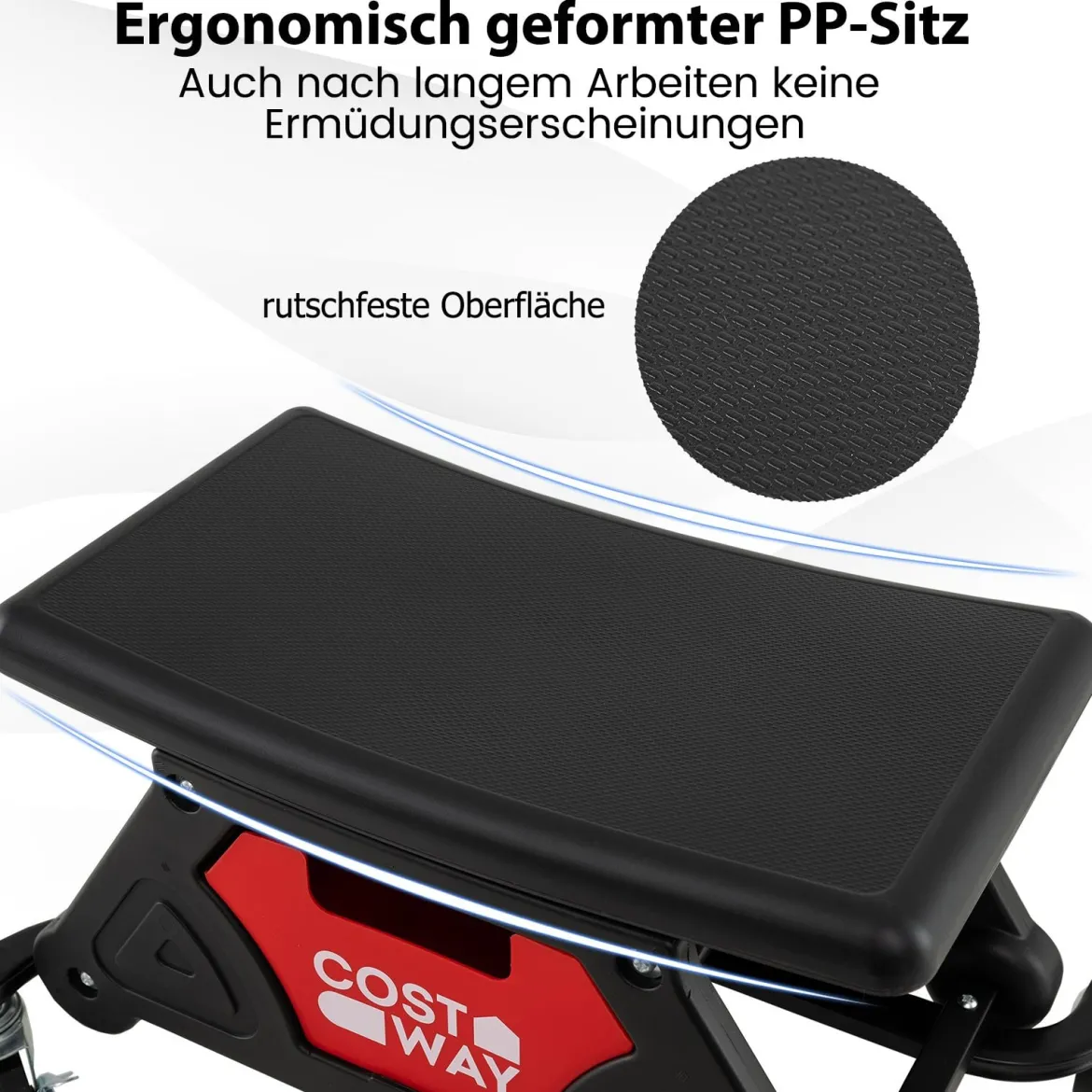 Rollhocker für Mechaniker Schwerlast-Werkstatthocker auf Rollen mit ausziehbarer Schublade & 2 Fachteilen 135 kg Kapazität Schwarz