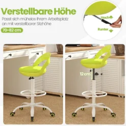 Rollhocker Höhenverstellbar Drehhocker mit Rollen 88-100 cm Arbeitshocker mit Kunstleder bezogener Sitz Grün
