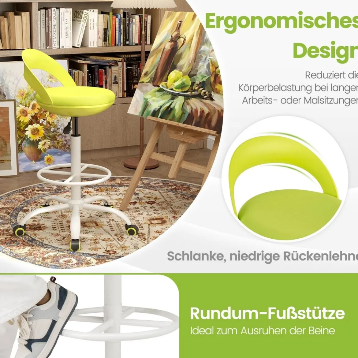 Rollhocker Höhenverstellbar Drehhocker mit Rollen 88-100 cm Arbeitshocker mit Kunstleder bezogener Sitz Grün