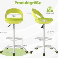 Rollhocker Höhenverstellbar Drehhocker mit Rollen 88-100 cm Arbeitshocker mit Kunstleder bezogener Sitz Grün