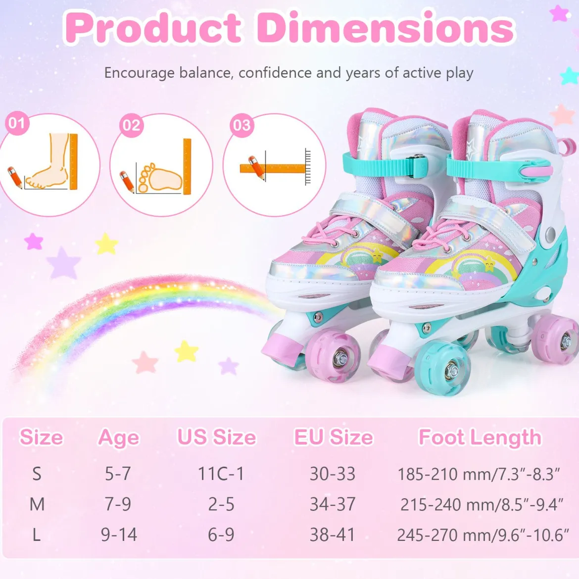 Rollschuhe Kinderrollschuhe mit 4 Verstellbarer Größen & 2 LED-Leuchträdern Quad Skates S/M/L