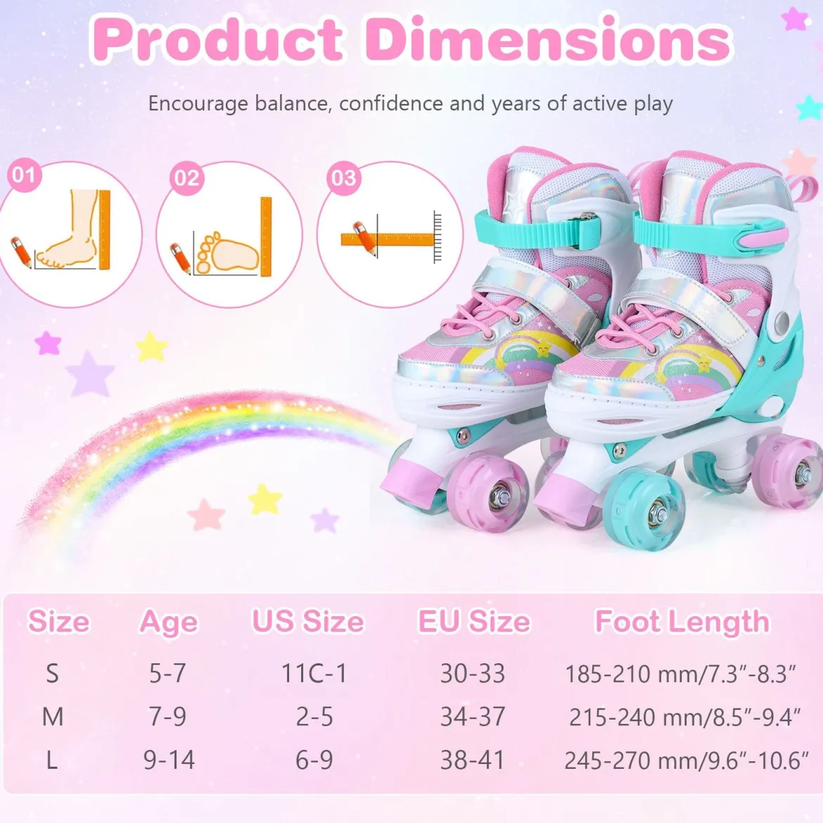 Rollschuhe Kinderrollschuhe mit 4 Verstellbarer Größen & 2 LED-Leuchträdern Quad Skates S/M/L