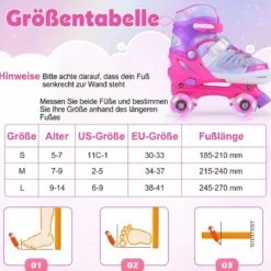 Rollschuhe Verstellbar in 4 Größen EU 34-37 Quad Skates mit 4 euchtenden Rädern Blau/Rosa